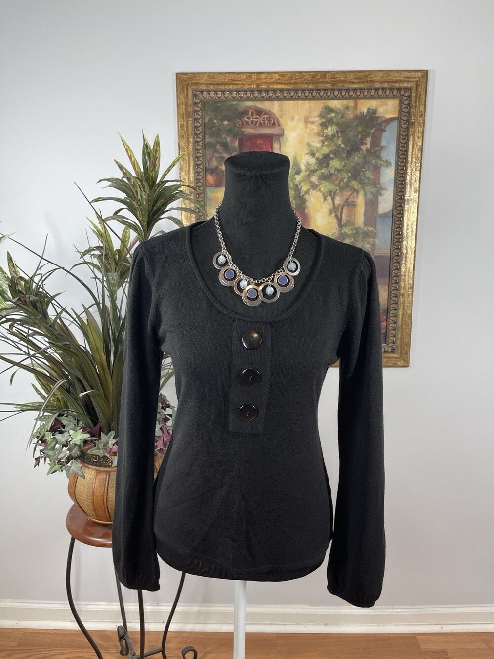 Cato‎ Black Sweater Top Size Small Button Detail Puff Sleeve Lightweight Knit